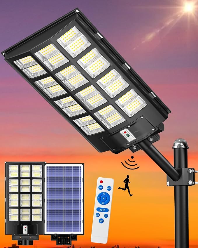 Gefolly Solar Street Lights Outdoor, Commercial Parking Lot Light, 6500K Dusk to Dawn IP67 Security Flood Lights Motion Sensor Led Lamp for Basketball Court, Road, Yard (SL-6000W, 600000LM)