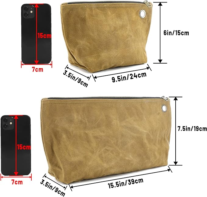 2 Tool Storage Bag - 16oz Waxed Canvas Item Collection Pouch for Men Women, Portable Tools Organizer Pouches for Coins Pliers Nuts - Khaki