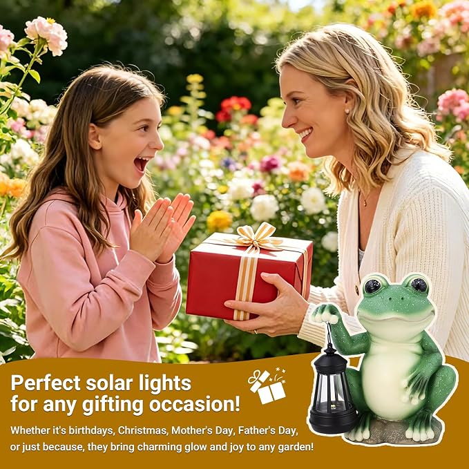 Solar Frog Garden Statue with LED Lantern, Waterproof Resin Figurine | for Yard, Pond, Pathway, Patio & Flower Bed, Cute Outdoor Decor, Unique Birthday & Housewarming Gift for Women, Mom & Grandma