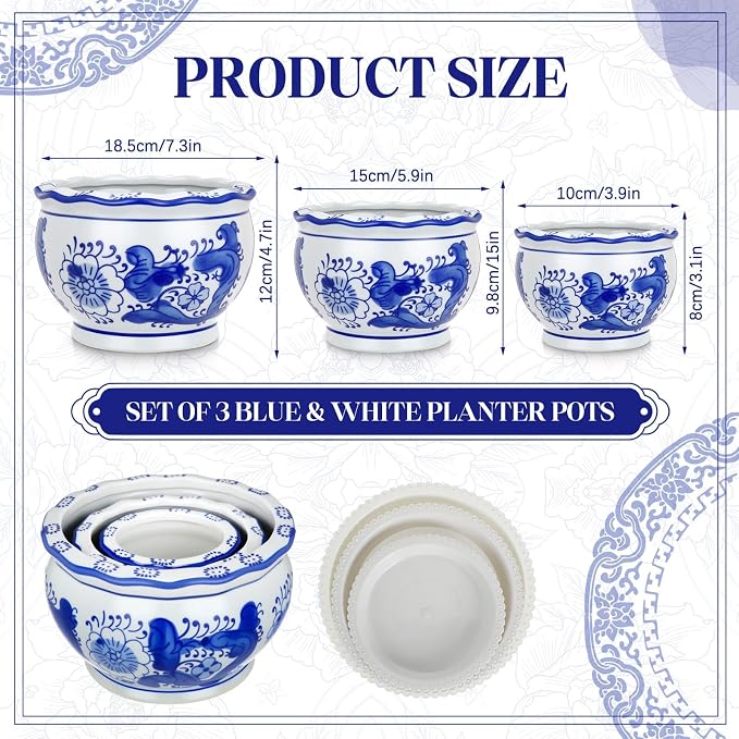 Briwooody Set of 3 Blue and White Porcelain Flower Pots 7.2'' 6'' 4'' Decorative Chinoiserie Plant Pots with Drainage Hole Saucers Ceramic Planters for Indoor Garden(Elegant Style)