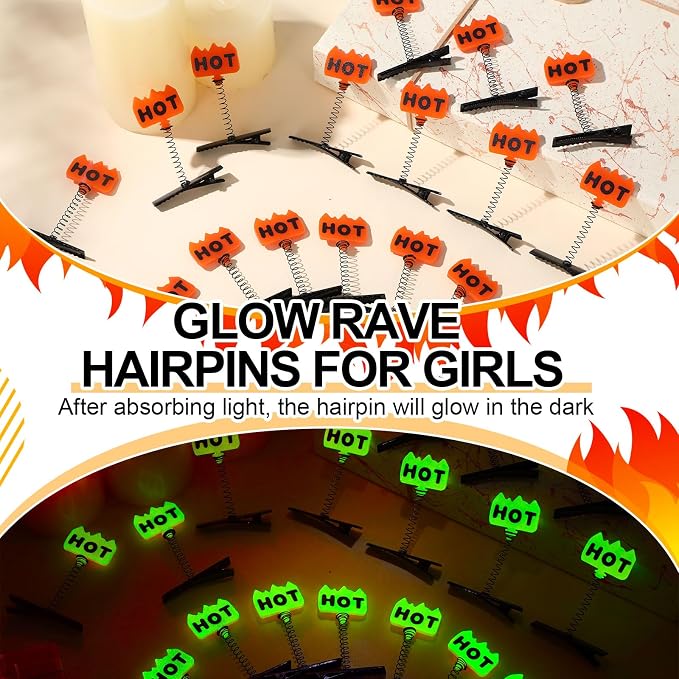 Tigeen 30 Pcs Glow Rave Trinkets Festival Flame Hot Hair Clip Holiday Spring Loaded Funny Fire Hair Accessories for Women Music Festival Halloween Carnival Costume Cosplay Party Photo Props