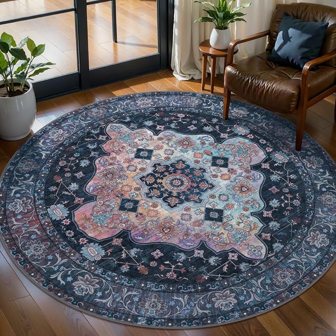 Tangsoo Washable Round Area Rugs 5ft, Vintage Non Slip Circle Rug Navy | Oriental Soft Low Pile Circular Rugs, Boho Round Carpet for Living Room Bedroom Dining Room Nursery Office Home Decor