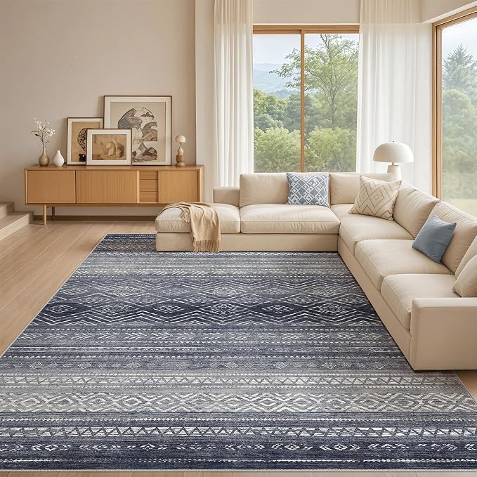 Tortania Area Rug Living Room Rugs- 12x18 Washable Large Soft Neutral Boho Moroccan Bohemian Farmhouse Rug Indoor Floor Carpet for Bedroom Under Dining Table Home Office Decor - Blue Gray