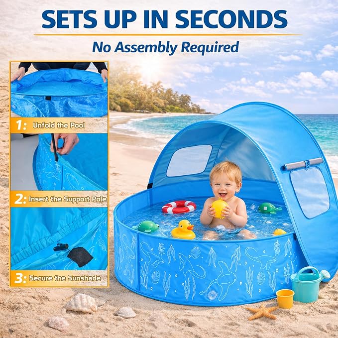 Kids Pool with Canopy, Foldable Pop Up Kiddie Pool with Shade, 35.4 Inch | Includes Carrying Bag, Portable for Backyard and Beach Water Play, Suitable for Kids