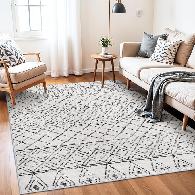 4x6 Moroccan Geometric Washable Runner:Boho Non Slip Area Rug Grey | Thin Low Pile Neutral Rugs - Modern Distressed Soft Carpet for Living Room Dining Room Entryway Farmhouse Decor
