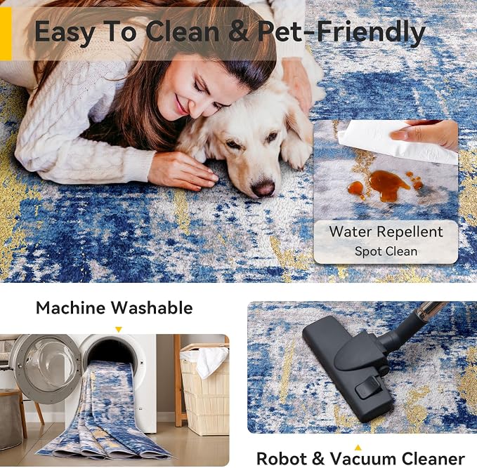 RELEANY Washable 10'x12' Abstract Area Rug for Living Room Blue Gold | Carpet for Bedroom, Kitchen, Office, Hallway and Entryway, Printed Pattern, Non‑Slip, Soft, Stain‑Resistant, Easy to Clean