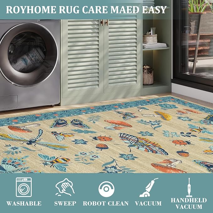 Mushroom Insect 8x10 Area Rugs, Washable Rugs for Living Room Non Slip Stain Resistant Low Pile Modern Butterfly Carpet for Bedroom Dining Room Nursery Playroom Office, Khaki Blue