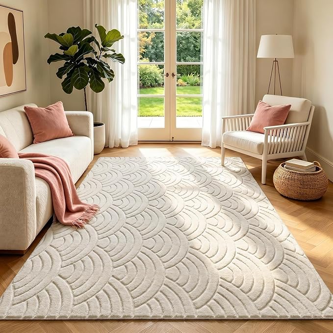 SHACOS Soft Cozy Fluffy Arch Waves Pattern High-Low Textured Area Rug 5'x7' | Non Slip Washable Minimalist Modern Graphic Rainbow Carpet for Living Room Bedroom Bathroom Dining Room, Cream