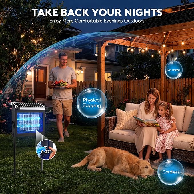 Solar Bug Zapper Outdoor, Mosquito Zapper 4500V Cordless Waterproof, Auto On/Off, Portable Type-C & Solar Powered Bug Zapper, Electric Mosquito Trap Fly Zapper Killer for Patio Garage Yard Camping