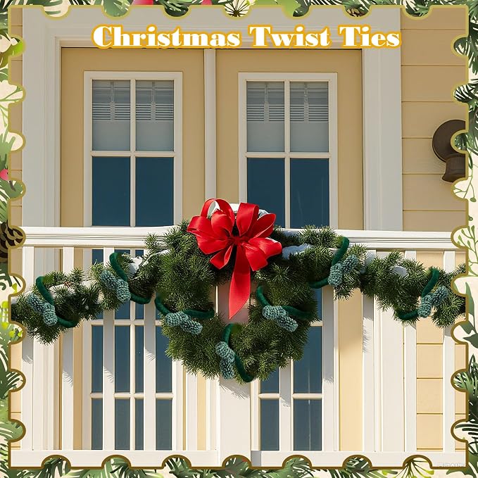 Jutom 16 Pcs 25 Inches Christmas Velvet Garland Ties Decorative Banister Twist Ties Reusable and Flexible for Xmas Light Banisters Home Stairways Railings Decoration(Green)