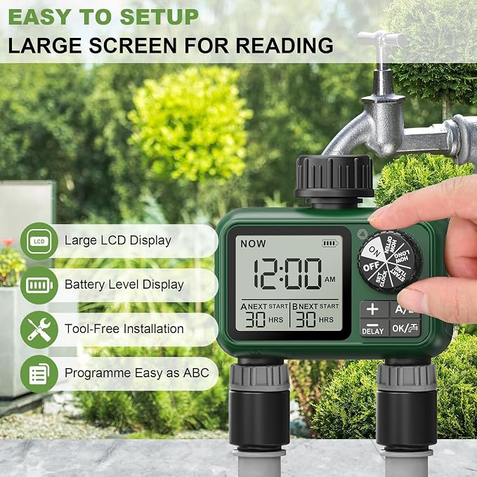 Water Timer for Outdoor Garden Hose, Sprinkler Timer for Garden Faucet with Auto/Manual/Rain Delay Mode, Sprinkler Irrigation Controller for Yard Lawn (2 Zone Plastic Inlet)
