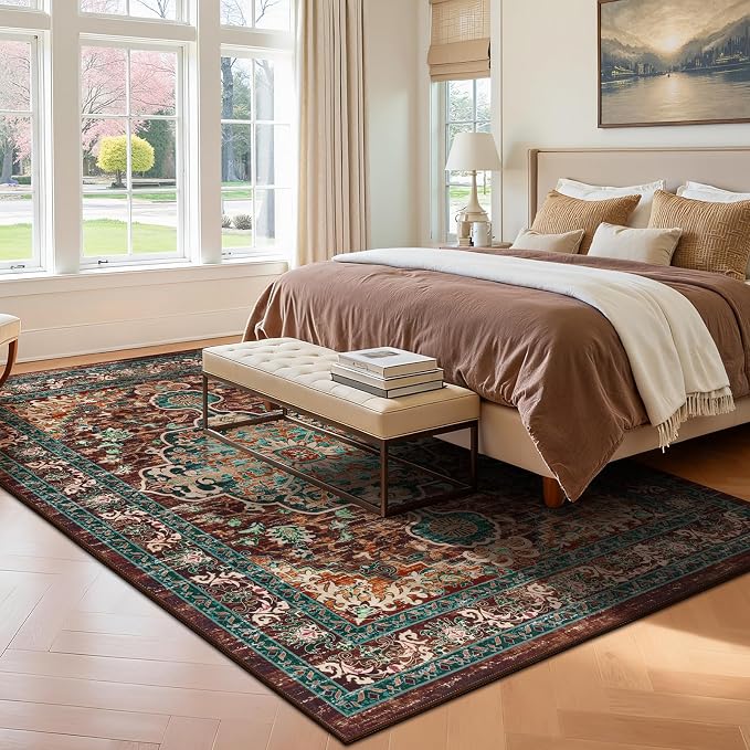 U'Artlines Boho Vintage Area Rug 5x7 Machine Washable Carpet, Rust＆Teal | Low Pile, Non Slip, Ultra-Thin Soft Floor Carpet, Accent Rug for Living Room Bedroom Entryway Dining Room Office