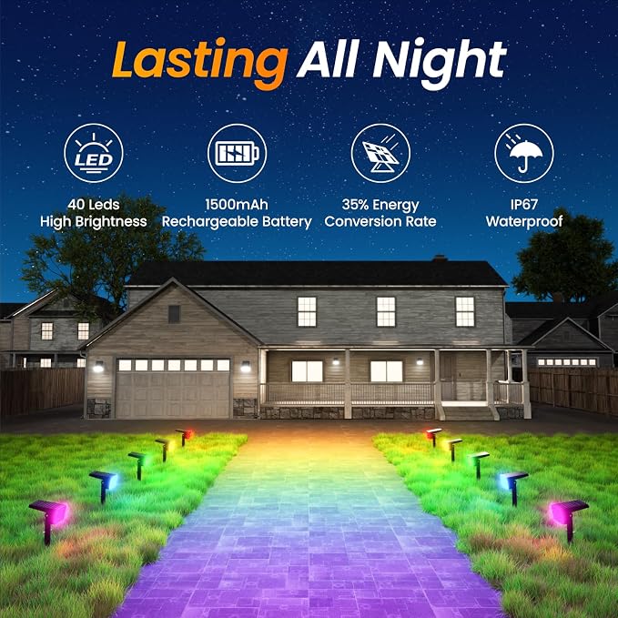 Fabrito Color Changing Solar Spot Lights Outdoor 4 Pack, [6+1 Lighting Modes] Auto On/Off RGB Spotlights, Waterproof Multicolor Landscape Lights for Garden, Tree, Halloween, Christmas