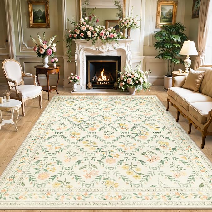 PLHXFR 8x10 Area Rug Living Room: Floral Washable Boho Carpet Beige Multi | For Bedroom Dining Room Farmhouse Nursery Hallway,Vintage Floral,Machine washable,Non Slip,Stain Resistant,Large Indoor