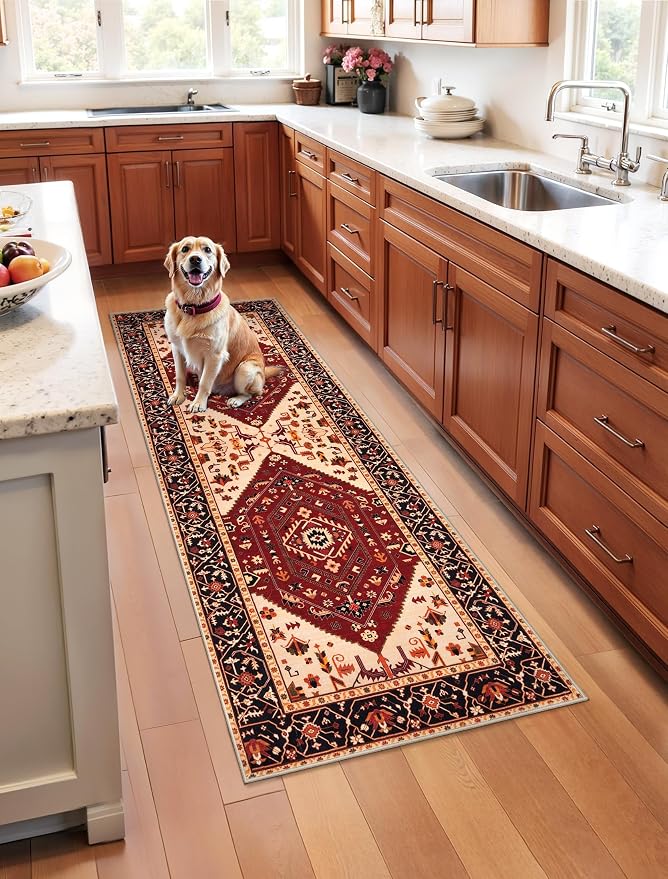 SERISSA 2x5 Washable Non Slip Boho Runner Rug for Hallway，Red Black | Ultra Soft Vintage Oriental Carpet Low-Pile Distressed Tribal Floor Carpet for Kitchen Bedroom Bathroom Laundry Living Room
