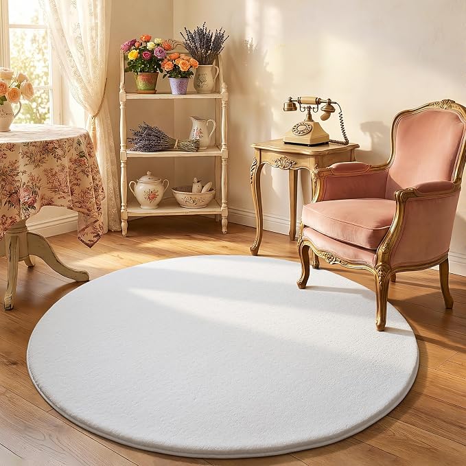 Amearea White Round Area Rugs 5ft Circle Rugs for Bedroom Living Room | Washable Fluffy Indoor Thickened Memory Foam Rug, Non Slip Minimalist Circular Carpet for Boys Girls Dorm Nursery Room Decor