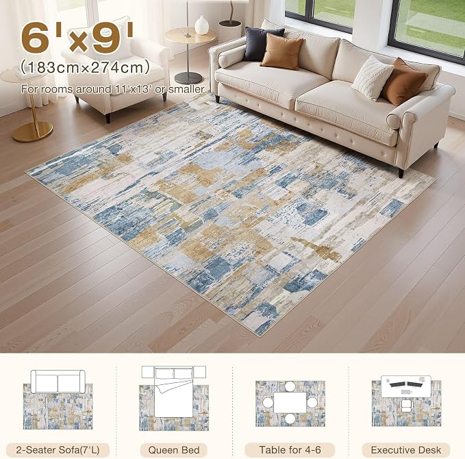 kakania Abstract 6x9 Area Rugs for Living Room: Washable Rugs Blue | Soft, Non-Slip, Low-Pile, Pet & Kid Friendly - Modern Home Decor Carpet for Bedroom/Dining Room/Office/Nursery