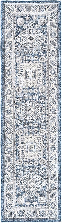 Unique Loom Outdoor Aztec Collection Area Rug - Chalca (2' x 7' 10" Runner, Blue/ Ivory)