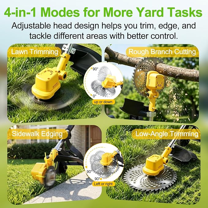 2026 New 30000 RPM Brushless Cordless Weed Wacker with Wheels, 12-Inch Battery Powered Electric Weed Eater, 4-in-1 Grass Trimmer, Brush Cutter, Stringless Weed Trimmer & Lawn Edger (1, Yellow)
