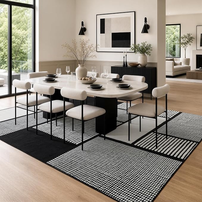 8x10 Large Black and White Area Rug, Washable Living Room Carpet | Stain-resistant Low-pile Black and White Large Carpet, Non Slip Abstract Rug for Living Room Dining Room and Bedroom Floors