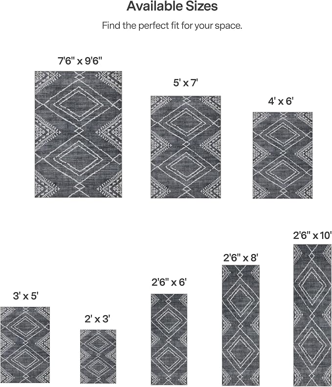 Machine Washable Area Rug - Living Room Bedroom Bathroom Kitchen Entryway Office - Non-Slip Crease Free Stain Resistant Premium - Moroccan Diamond Tribal- Jax - Gray- 2'x 3'