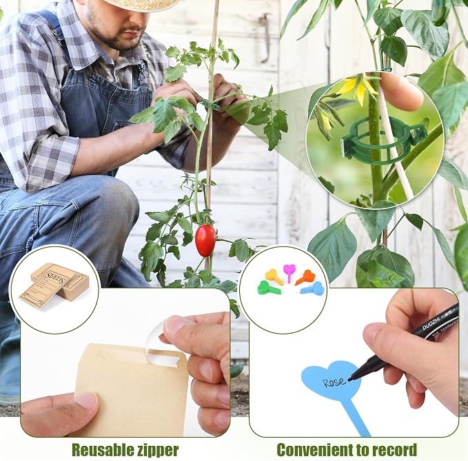 Seed box, Seed storage box, Garden seed organizer | 50 Seed Envelopes, 100 Plant Labels (5 Colors), 50 Plant Clips, 4 Compartments Garden Seed Bin with Safety Locks-Green