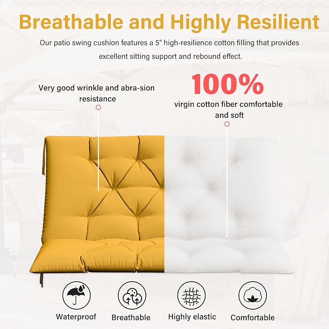 Porch Swing Cushion with Backrest,Waterproof Bench Cushion for Outdoor Furniture,2-3 Seater Replacement Thickened 5 in swing cushion,with Ties,Patio,Outdoor,Backyard and Garden (Yellow,40x40 in)