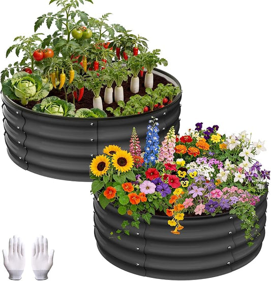 Garvee Galvanized Raised Garden Bed, 2Pcs Raised Garden Beds Outdoor, Round Planter Raised Beds with Gloves and Rubber Edge Trim for Vegetables, Flowers and Herbs, 2x2x1 FT, Dark Grey