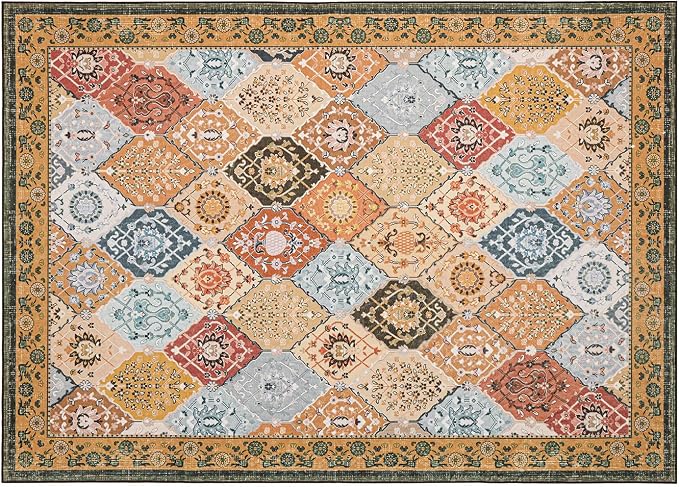 Phantoscope Washable Area Rug 5'x7' Non-Slip, Vintage Boho Rugs for Living Room, Bedroom, Dining Room, Distressed Moroccan Mosaic Diamond Pattern, Low-Pile Foldable Floor Carpet, Terracotta/Rust