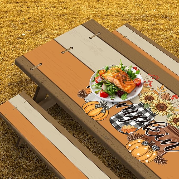 Fall Picnic Table Cover with Bench Covers, Outdoor Camping Essentials 6FT 3PCS Fitted Rectangle RV Must Haves Tablecloth with Drawstring Bag
