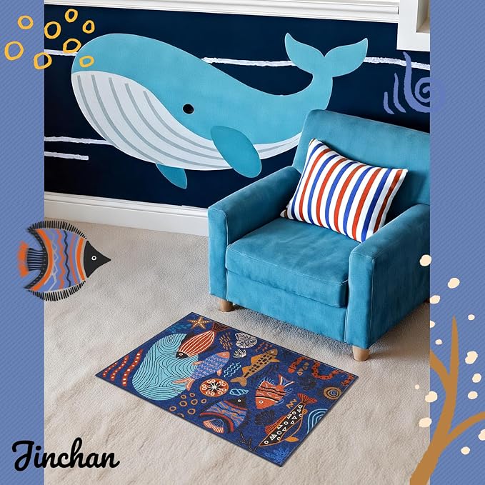 jinchan 2x3 Coastal Area Rug Washable Kids Rug Colorful Ocean Fish Mat Blue | Soft, Cozy, Non-Slip, Kid-Friendly, Lightweight, Entryway, Small Mat, Kitchen, Dorm, Bedroom, Laundry Room, Bathroom, Nursery