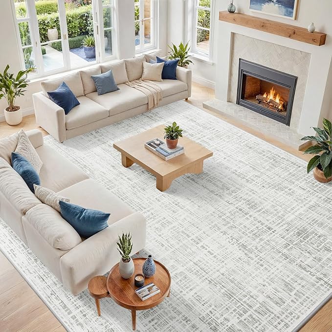 10x14 Washable Area Rug for Living Room Bedroom: Non-Slip Modern White Gray | Machine Washable TPR Backing, Stain-Resistant Low Pile, Pet & Kid Friendly, Abstract Decor for Dining Room, Dorm, Home Office