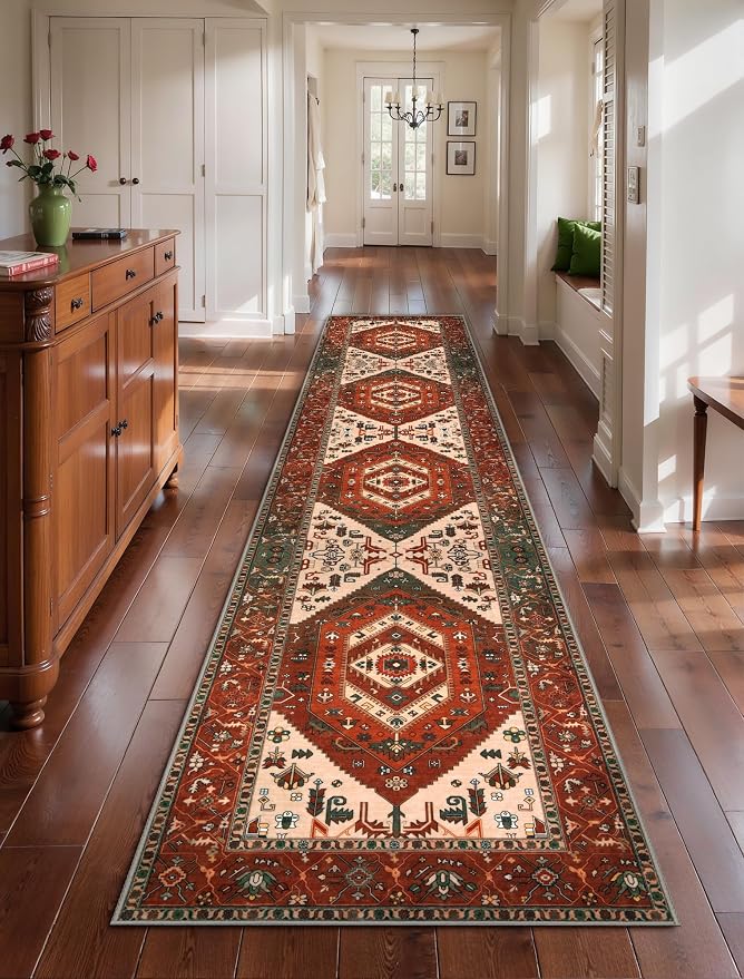 SERISSA 2'6"x12' Washable Non Slip Boho Runner Rug for Hallway | Ultra Soft Vintage Oriental Carpet Low-Pile Terracotta Green Floor Carpet for Kitchen Bedroom Entryway Bathroom Laundry Room