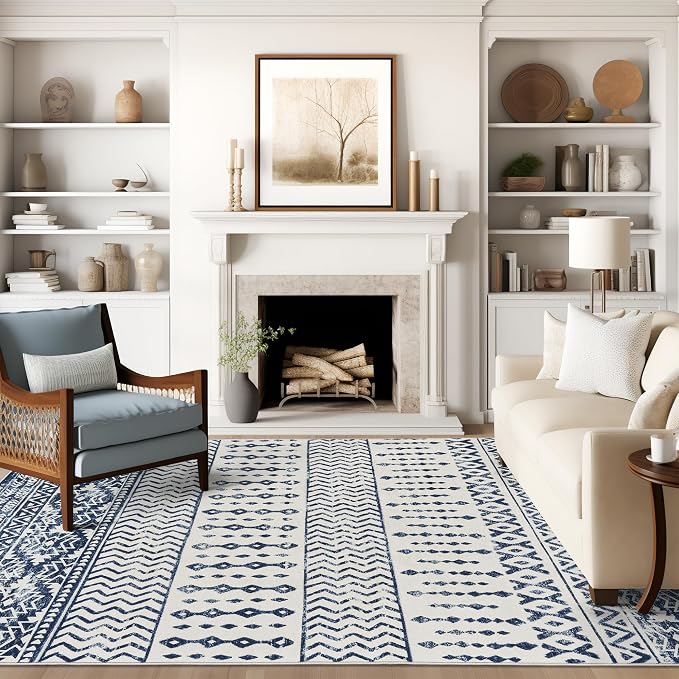 Art&Tuft 9x12 Area Rugs for Living Room, Large Washable Area Rug, Blue | Low Pile, Soft & Lighweight, Folable, Stain Resistant Indoor Floor Mat Moroccan Carpet for Bedroom, Dining Room, Home Office
