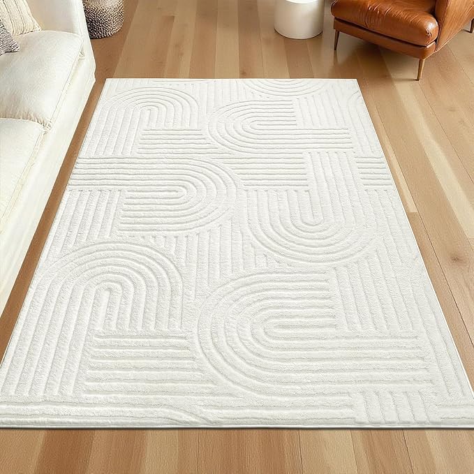SHACOS Soft Cozy Fluffy Arch Pattern High Low Pile Area Rugs 3'x5' Non Slip Washable Scandinavian Minimalist Rug Modern Geometric Arc Carpet for Living Room Bedroom Dining Room, Cream White