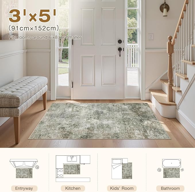 Tortania Area Rug Living Room Rugs - 3x5 Washable Soft Neutral Boho Moroccan Farmhouse Mat Indoor Floor Carpet for Bedroom Under Dining Table Home Office Decor - Olive Brown