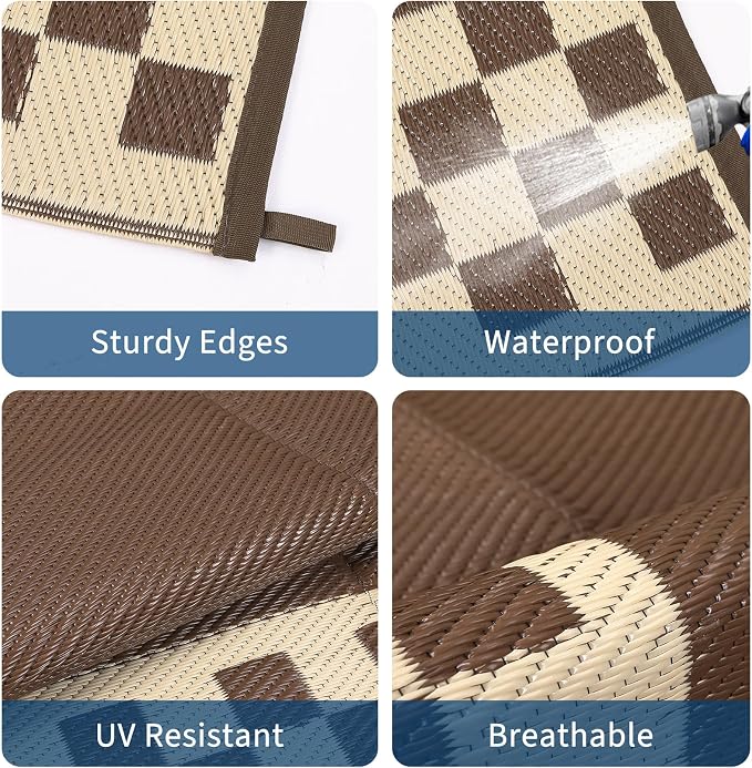 Waterproof Plastic Straw Outdoor Rug 9x18 Patio Reversible UV Resistant Foldable Camping Carpet Modern Geometric Border Large Outdoor Rugs for Deck, Porch, Camper, Balcony, Beach，Brown