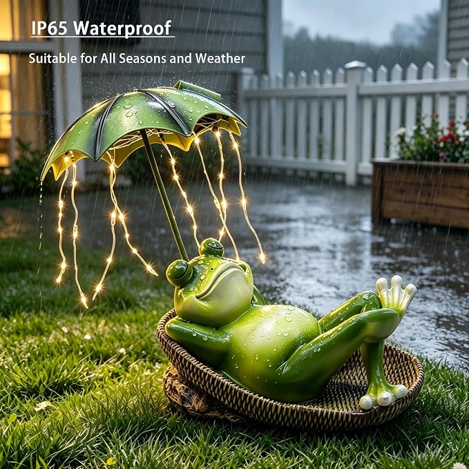 6.7" Solar Frog Garden Statue with Light Up Umbrella - IP65 Waterproof Resin Sculpture, Outdoor Figurine for Patio Yard Pond, Unique Gardening Gifts for Women/Mom