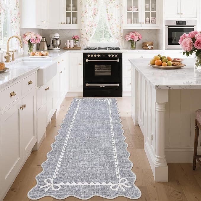 GarveeHome Scalloped Hallway Runner Rug 2.5x10 Non Slip Bedroom Rugs, Grey | Washable Bow Rug for Girls Dorm Nursery Living Room Entyrway Kitchen, Soft Low Pile Ultra-Thin Stain Resistant Indoor Carpet