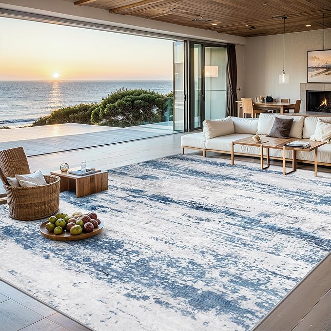 PLHXFR 9x12 Area Rug Living Room: Abstract Washable Carpet White Blue | For Bedroom Dining Room Farmhouse Nursery Home,Machine washable,Non Slip,Large Soft Neutral,Stain Resistant, Indoor Floor
