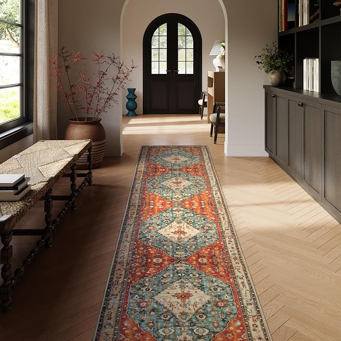 Lahome Felice Boho Tribal Runner Rugs with Rubber Backing, 2'6"x12' Long Hallway Runner Rug Washable Kitchen Rug Runner, Soft Non Slip Indoor Stair Carpet Runner for Bathroom Bedroom Hardwood Floors