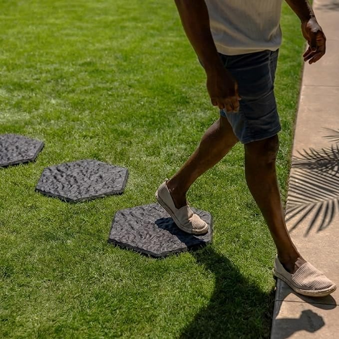 TierraVerde 10-Pack 15”x13” Stomp Rubber Stepping Stones, Hexagon, Black – Reversible Non-Slip Outdoor Faux Decorative Set for Landscaping – DIY Decor for Walkways & Yard Pathways