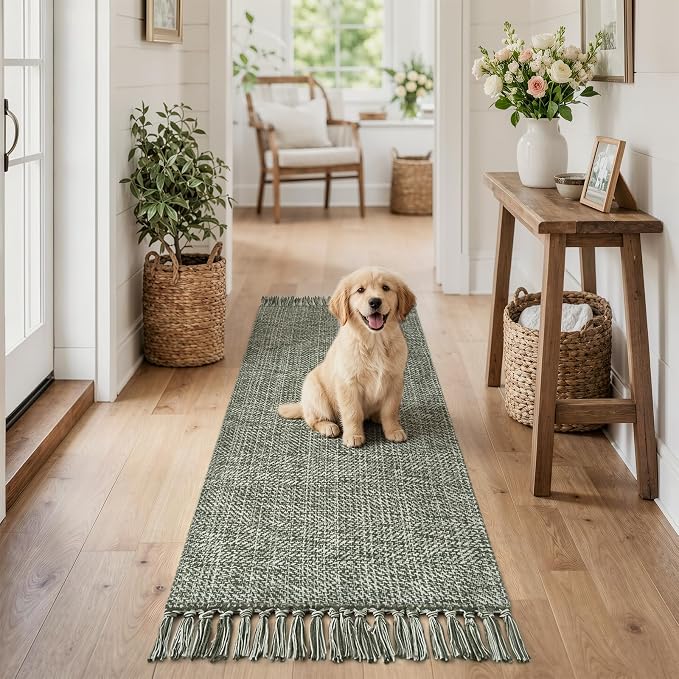 Sage Green Bathroom Runner Rug, Machine Washable Kitchen Rugs | 2'x5' Boho Hand-Woven Entryway Rugs Runners for Hallway, Modern Farmhouse Laundry Carpet Indoor Front Door Mat for Bedroom