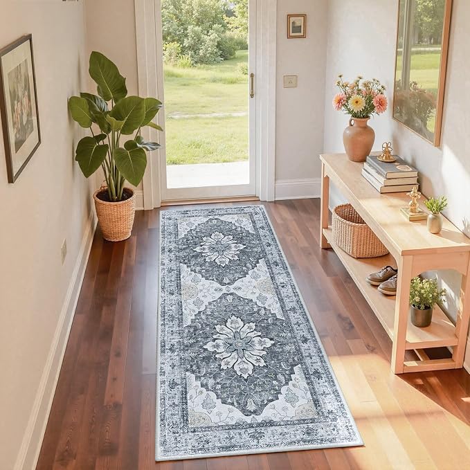 RELEANY Washable Area Rug, Runner 2'x6', Grey/White/Beige | Non-Slip, Water Repellent, Pet Friendly, Easy to Clean, Vintage Floral Boho Decor for Kitchen Entry Bedroom Bedside Laundry