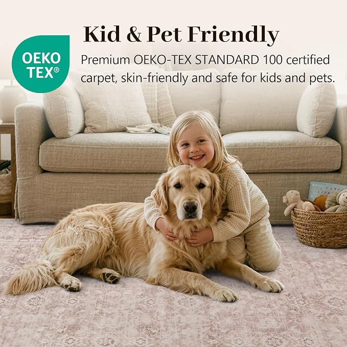 8x10 Ft Large Area Rugs for Living Room, Soft Non-Slip Machine Washable Rug, Vintage Stain Resistant Carpets for Bedroom Nursery Dining Room Home Decor (Grey Pink)