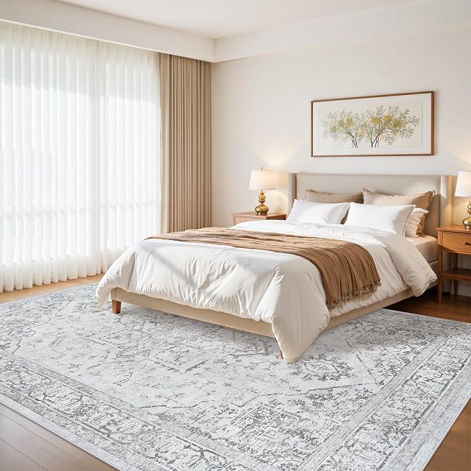 9x12 Washable Area Rugs for Living Room Grey Non-Slip Rug | Vintage Medallion Rug，Soft Low Pile Large Rugs，Indoor Retro Carpet for Bedroom Nursery Dining Table Farmhouse Home Office