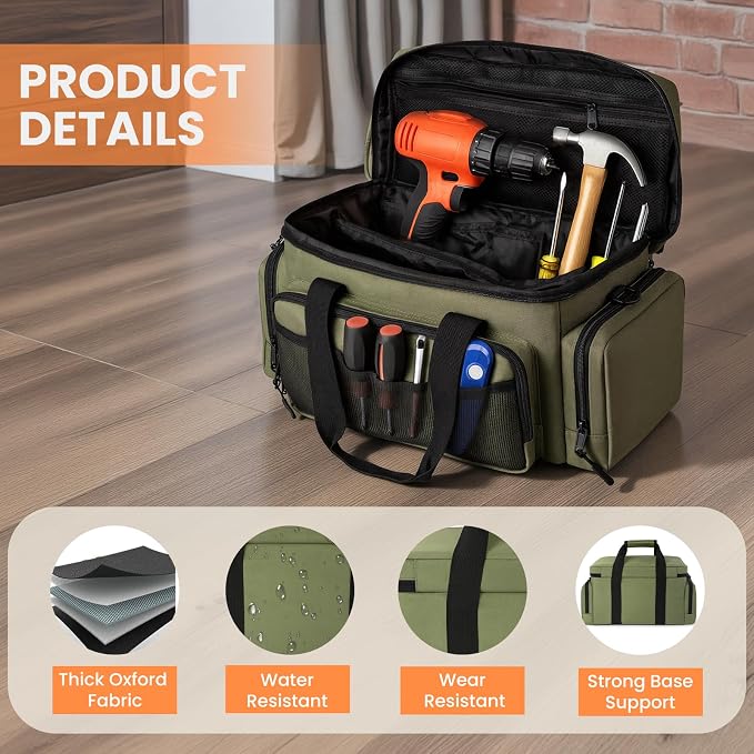 VJI Heavy Duty Tool Bag with Multi-Pockets, Portable Storage Bag with Large Zipper, Carrying Toolbag with Adjustable Shoulder Strap and Ergonomic Handle, Repairman, Carpenters, Handyman, Green