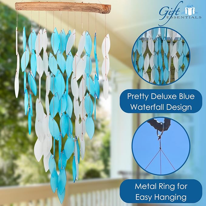 Blue Handworks Blue Deluxe Waterfall Glass Wind Chime | Handcrafted Deluxe Waterfall Glass Wind Chime in Bright Blue and Frosted White