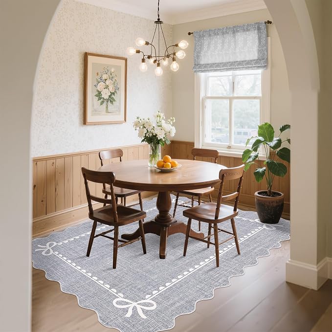 GarveeHome Scalloped Bow Rug 9x12 Washable Grey Rug for Bedroom Living Room | Non Slip Soft Low Pile Large Indoor Carpet for Nursery Girls Bedroom Decor Hallway Kids Room College Dorm Playroom