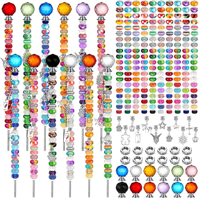 Tigeen 236 Pcs Garden Stake DIY Fairy Wand Plant Stake with 12 Colorful Crystal Stopper Top 12 Threaded Rod with 200 Large Hole Bead for Spring Summer Holiday Outdoor Decorations(Modern)
